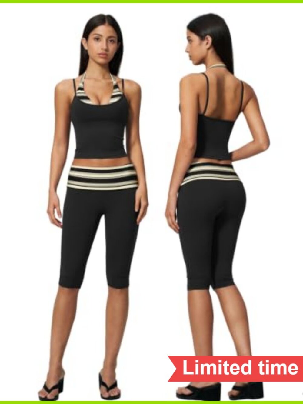 Women's 2 Piece Workout Set Striped Halter Tank Top and High Waist Capri Pants